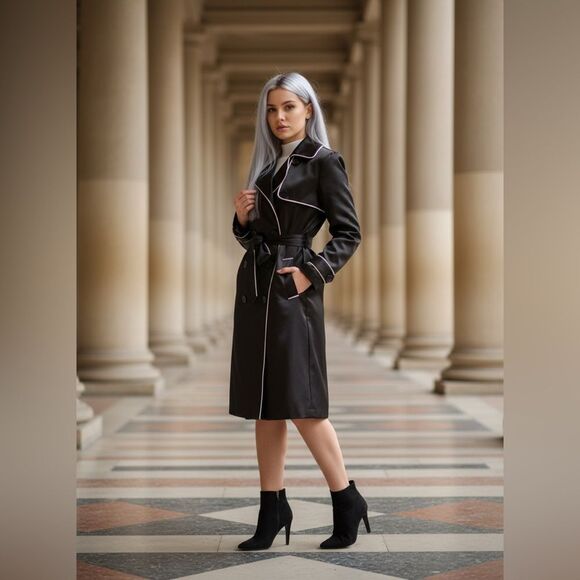 Forever 21 Black Faux Satin Belted White Trim Double-Breasted Trench Jacket Med - Picture 1 of 9